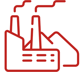 Red factory icon with smokestacks on black.