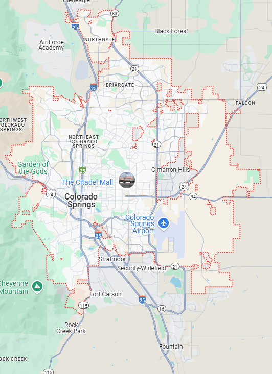 Map showing a route from Colorado Springs to Colorado College.